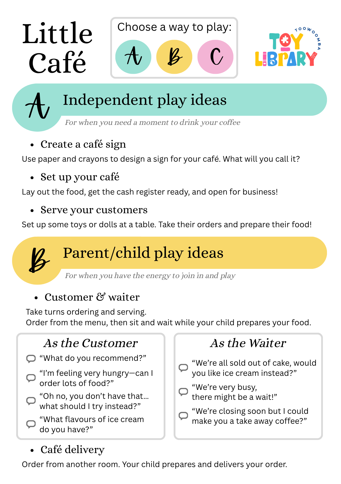 Little Café play card example